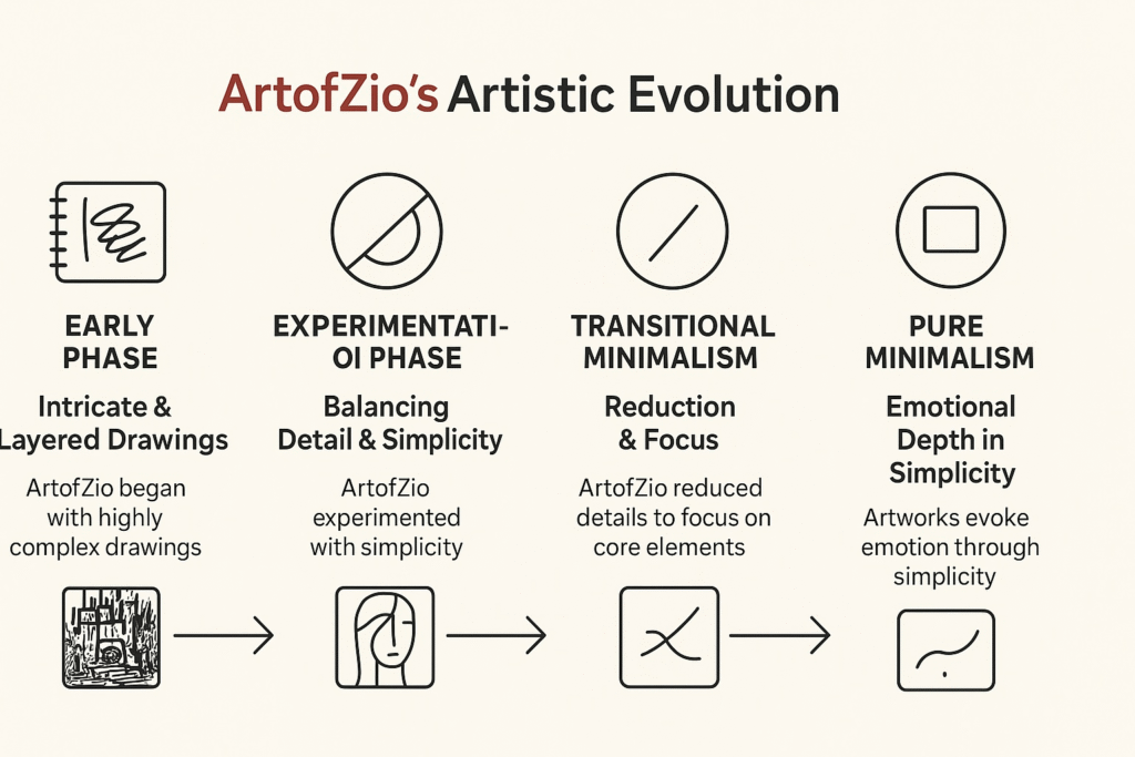 : A timeline-style infographic showing ArtofZio’s artistic evolution—from complex, layered drawings to pure minimalistic pieces.