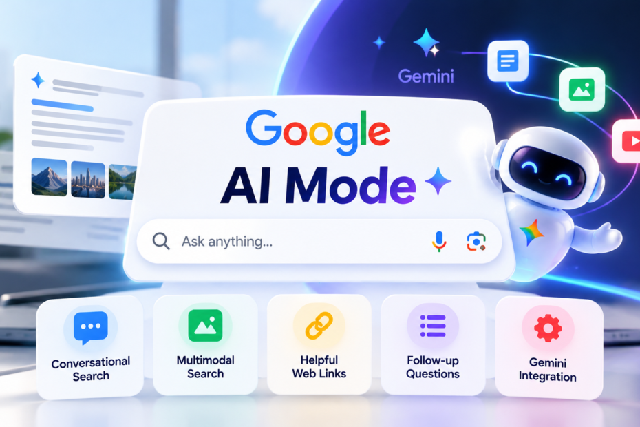 Google AI Mode in 2026 featuring Gemini integration, conversational search, multimodal search, and AI-powered web results.