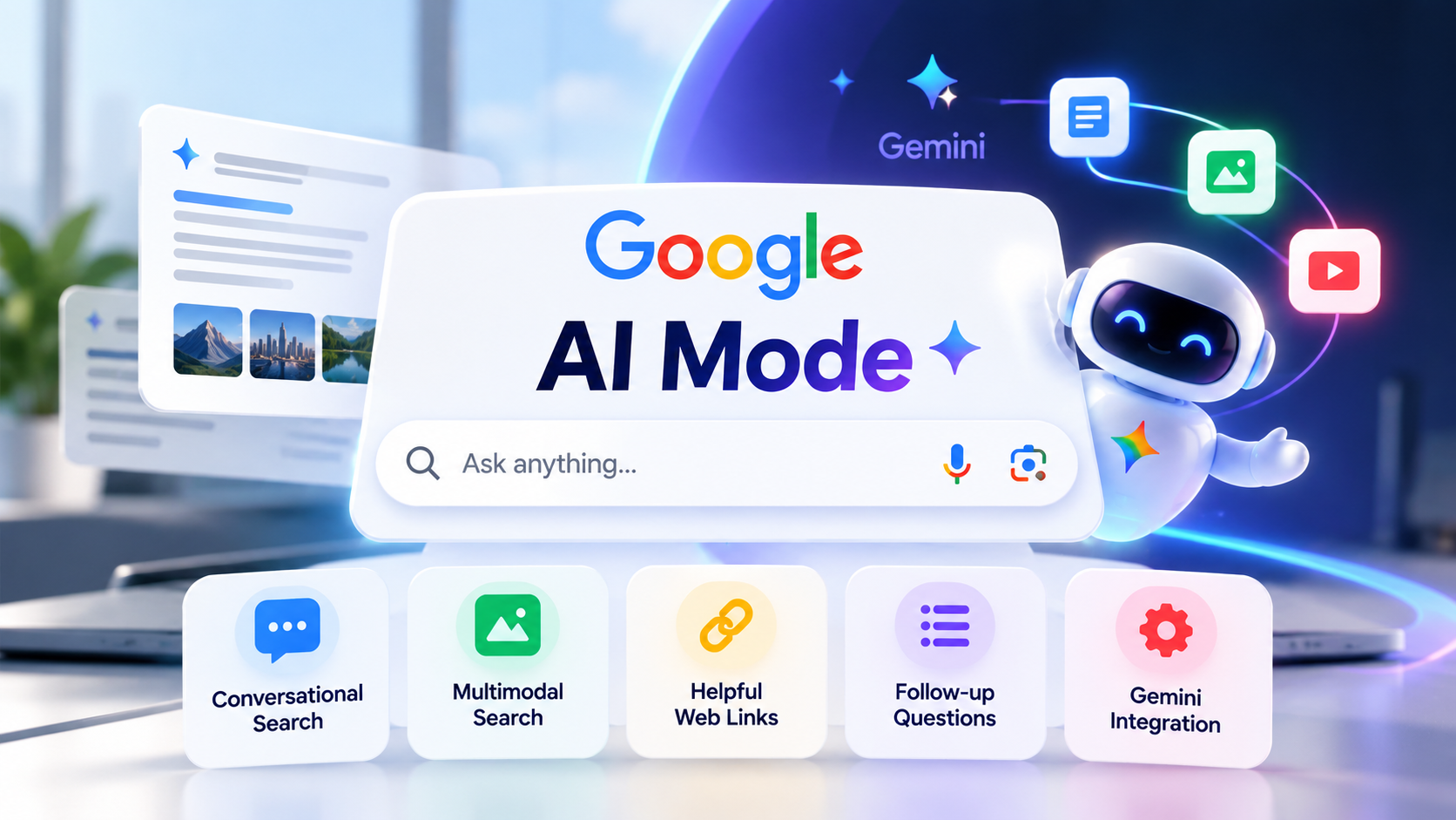 Google AI Mode in 2026 featuring Gemini integration, conversational search, multimodal search, and AI-powered web results.